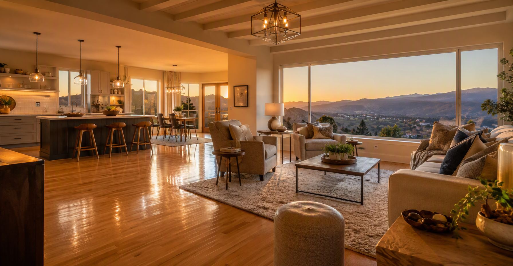 Restored Reno great-room with gleaming hardwood floors at golden hour
